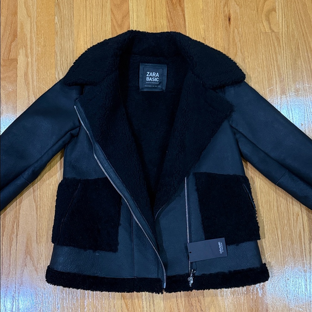 Zara Real Sheep Leather Black Faux Shearling Aviator Jacket - Picture 7 of 11